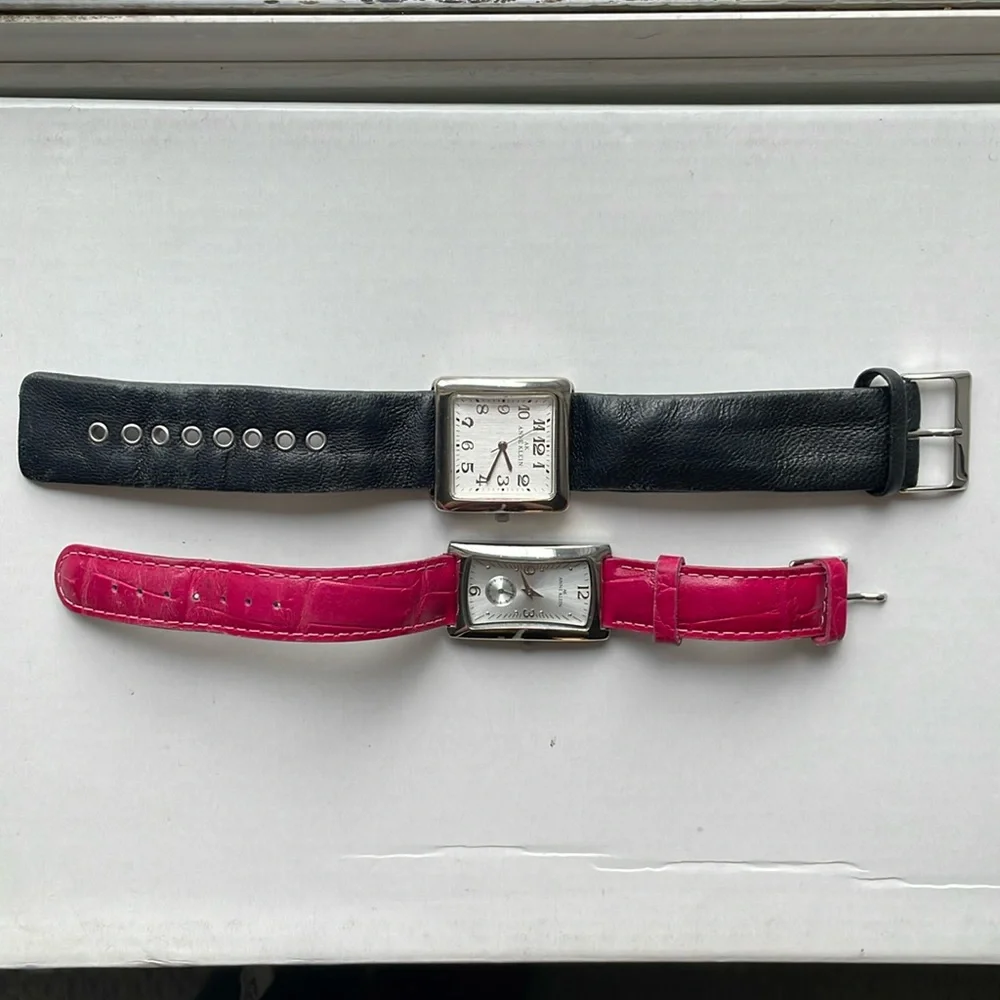 Bundle of 2 Anne Klein Leather Watches - Black & Silver, Magenta Pink & Silver